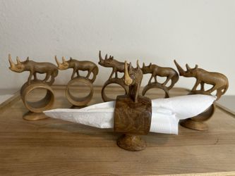 Hand Carved Napkin Holder Rings African Safari Animal Rhino Wooden Vtg Set of 6
