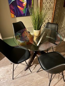 Modern Glass Dining Table Set w/ 4 Black Chairs
