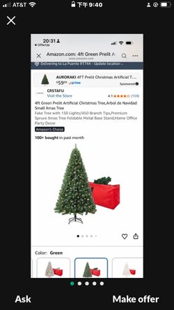 4ft Green Prelit Artificial Christmas Tree,Arbol de Navidad Small Xmas Tree Fake Tree with 150 Lights/450 Branch Tips,Premium Spruce Xmas Tree Foldabl