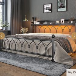 King size Snhomee Functional Metal Bed Frame With LED Headboard & Charging Station