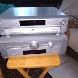 panasonic 5 DVD player, receiver, and sub woofer with 3 wall speakers