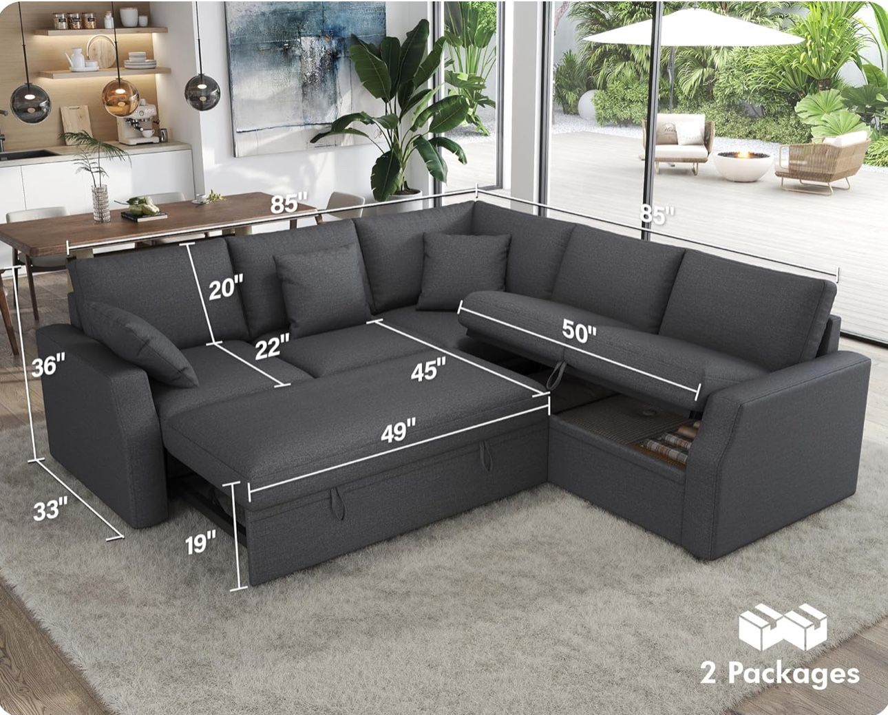 VanAcc Sofa Bed, 85 Inch Sleeper Couch with Storage Seat