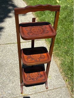 Vintage Carved Wood Three Tier Folding Pie Stand Great Condition 35.5” high x 12” wide x 8” deep.