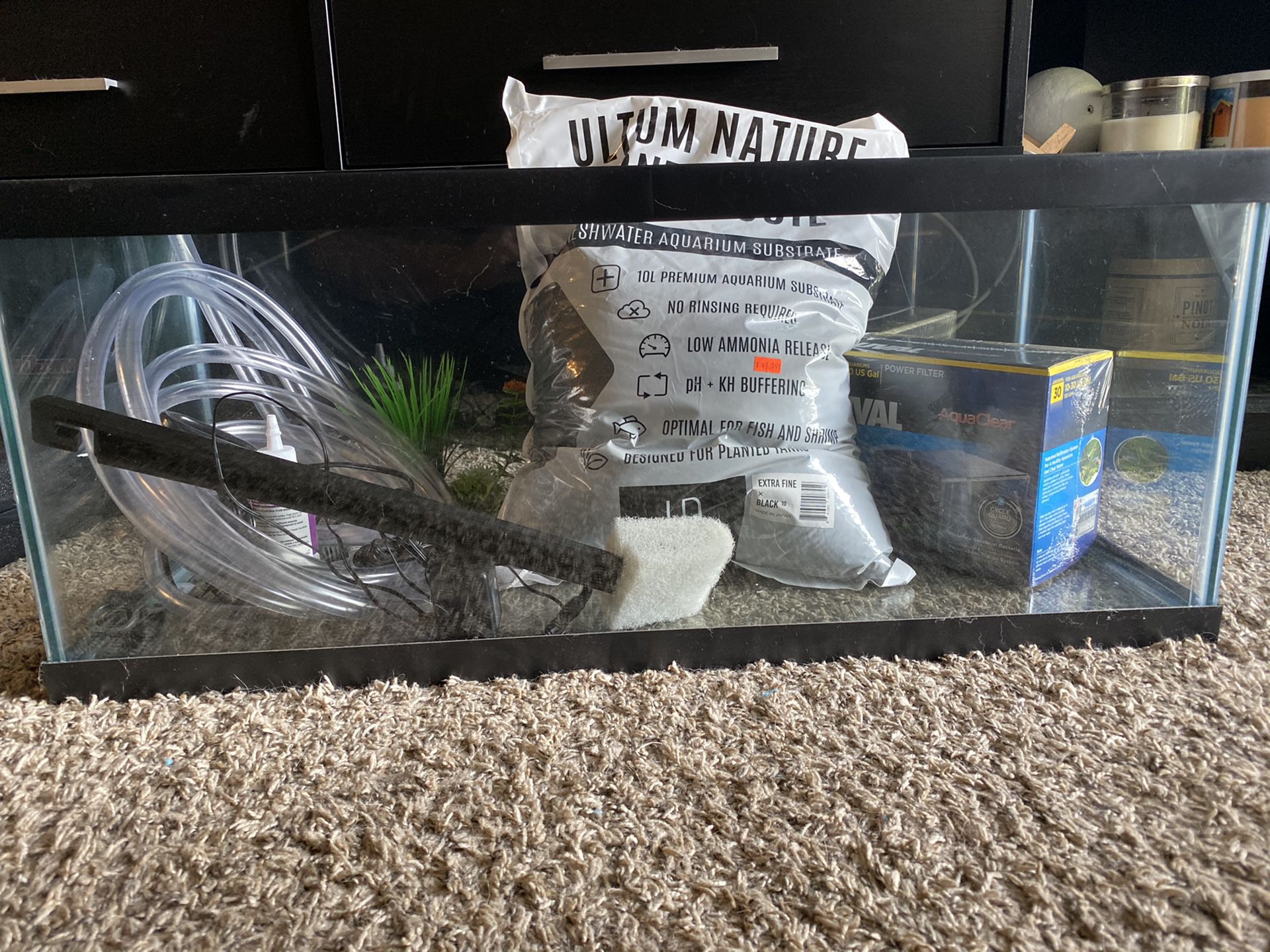 20 gallon tank with unopened Fluval power filter, Ultum substrate, tubing, cleaning brush, fish net