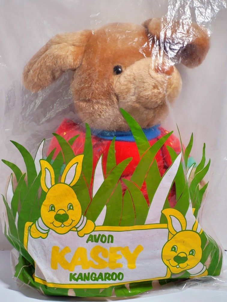 Sealed Vintage 1991 AVON 12" Kasey The Kangaroo Cuddly Soft Plush Stuffed Animal. This image shows the Avon Kasey Kangaroo plush stuffed animal, which