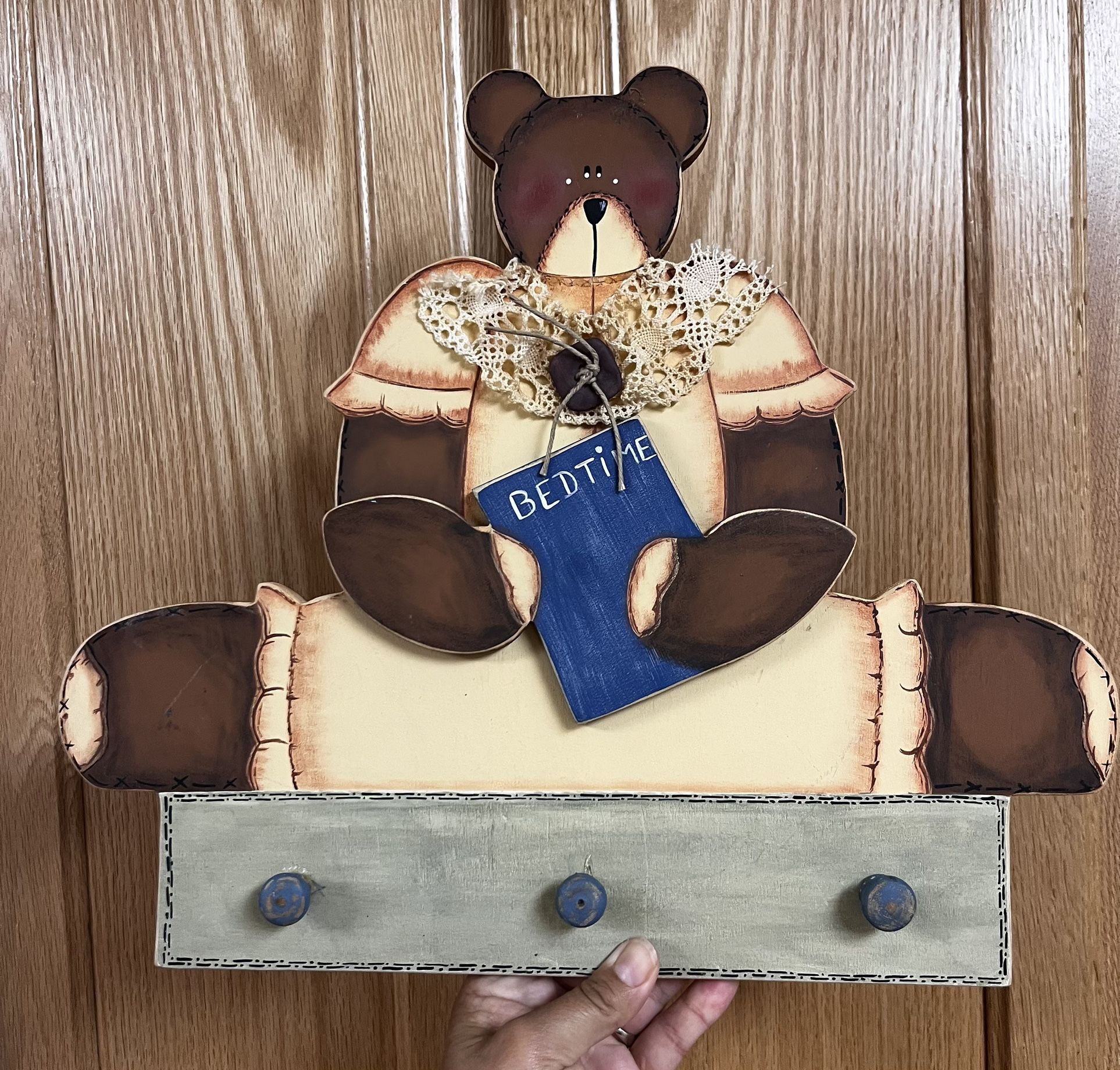 Wooden Bedtime Bear Wall Hook Decor