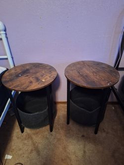 Set of 2 Round Side Tables with Storage Basket