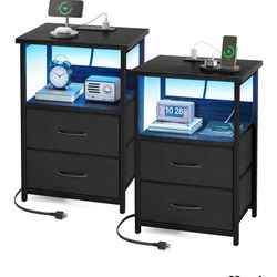 Fixwal Nightstand Set of 2 with Charging Station and LED Lights