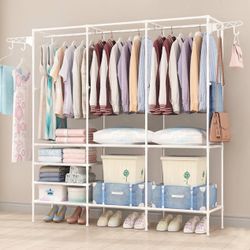 Freestanding Closet Organizer with Shelves Portable White Hanging Rods & Storage Bins Garment Rack