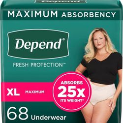 Depend Fresh Protection Adult Incontinence & Postpartum Bladder Leak Underwear for Women, Disposable, Maximum, Extra-Large, Blush, 68 Count (2 Packs o