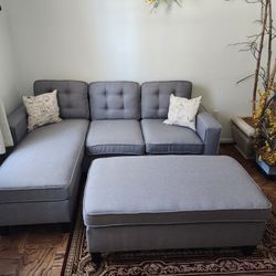 Like New Grey Linen Sectional Sofa +Ottoman 