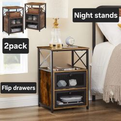 2pack Nightstand , End Table with Flip Drawer, Brown