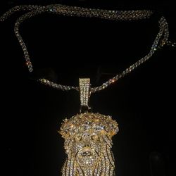 18 k Gold Plated Jesus Piece Pendant & Tennis Chain 