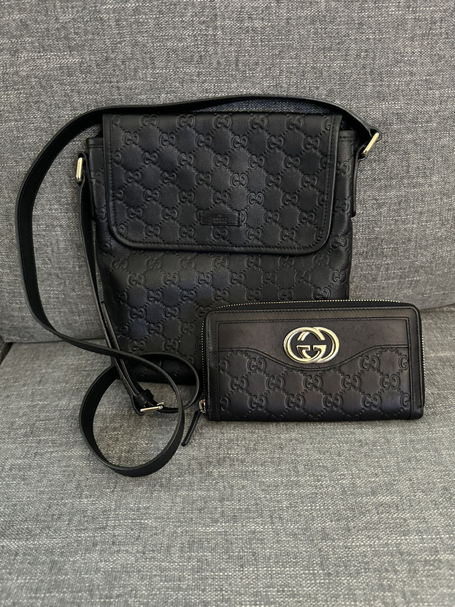 Gucci Guccissima Signature Black Leather Messenger Crossbody Bag & Long Wallet