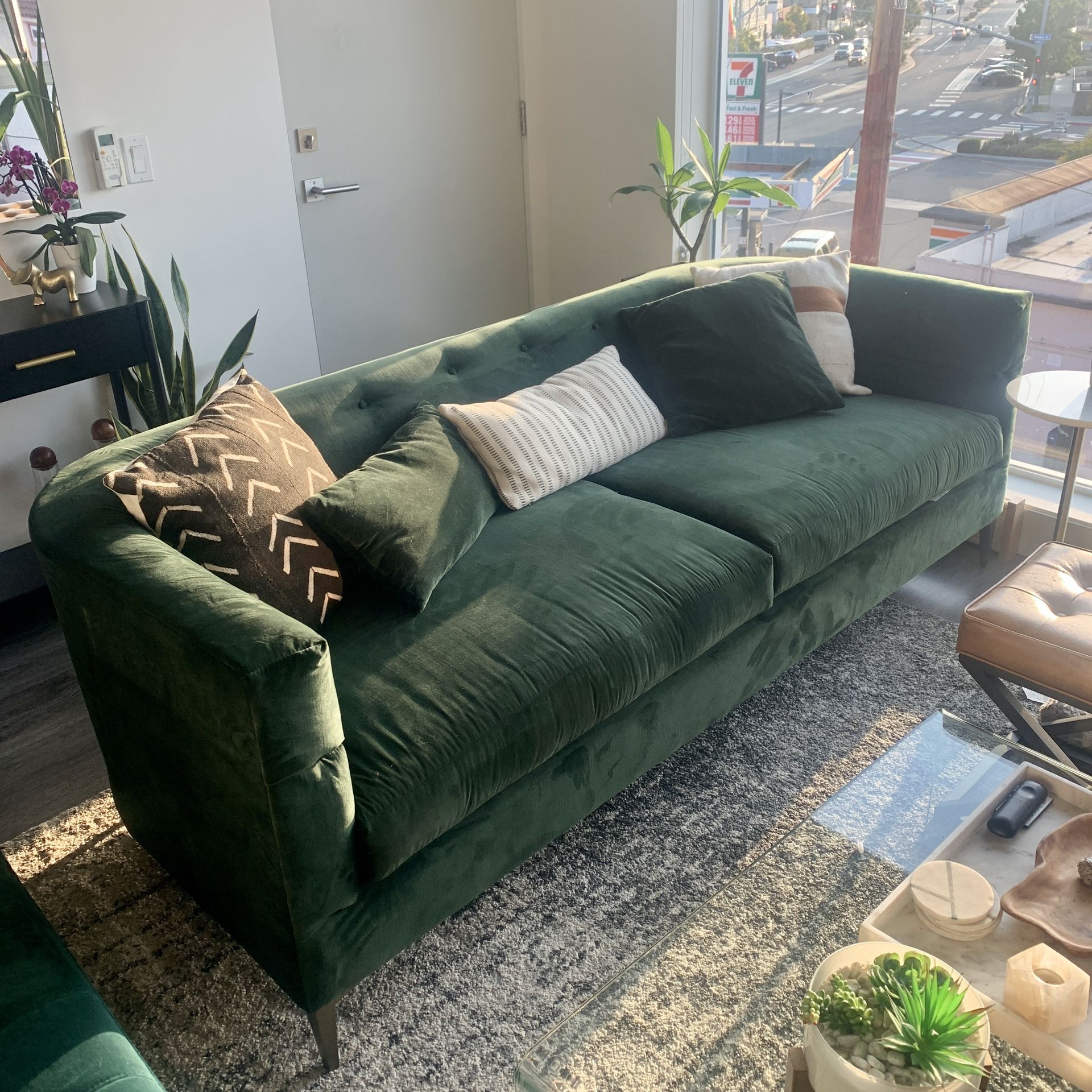 Nate Berkus Mid century Modern Emerald Green Velvet Sofa 87”