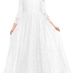 Girls Vintage Lace 3/4 Sleeve Boho Wedding Party Flower Girls Maxi Junior Bridesmaid Dress for 10 Years