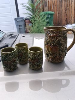 Japanese Ceramic Pitcher and Cups with Asian plum design