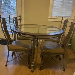 Round Wood & Glass Top Dining Table with 4 Leather Iron Chairs  