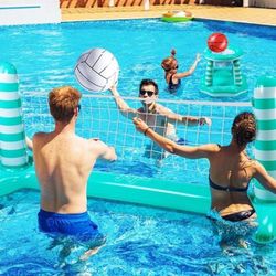 Joyjoz Inflatable Pool Float Set, Pool Volleyball Set Include Volleyball Rack, Volleyball, Basketball Hoop and Ball, Floating Swimming Pool Toy Pool G