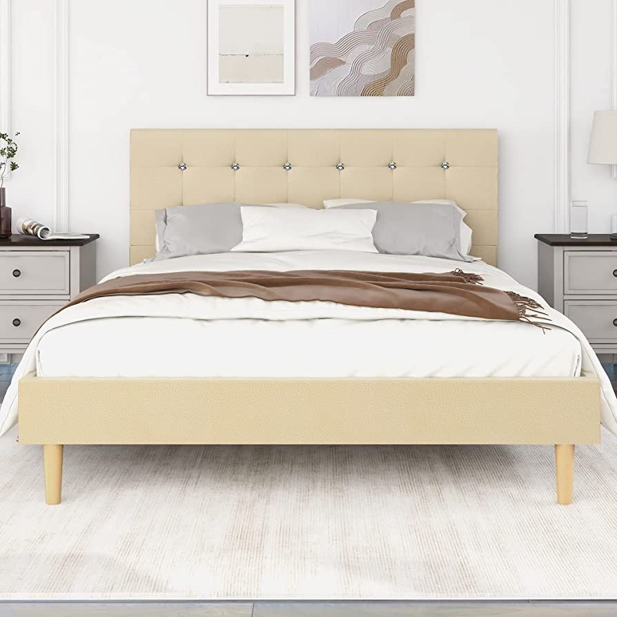 Leather Platform Bed Full Size Bed Frame with Crystal-Button Tufted Headboard Wood Slat Sopport and Bed Feet (Beige, Full)