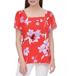 Calvin Klein Floral-Print Square Neckline Blouse Top Size L Red/Lavender