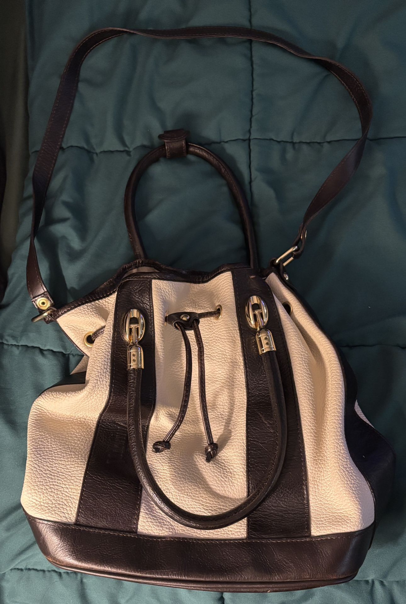 Valentina Pell 12” Dark Brown and Cream Italian Leather Drawstring Purse