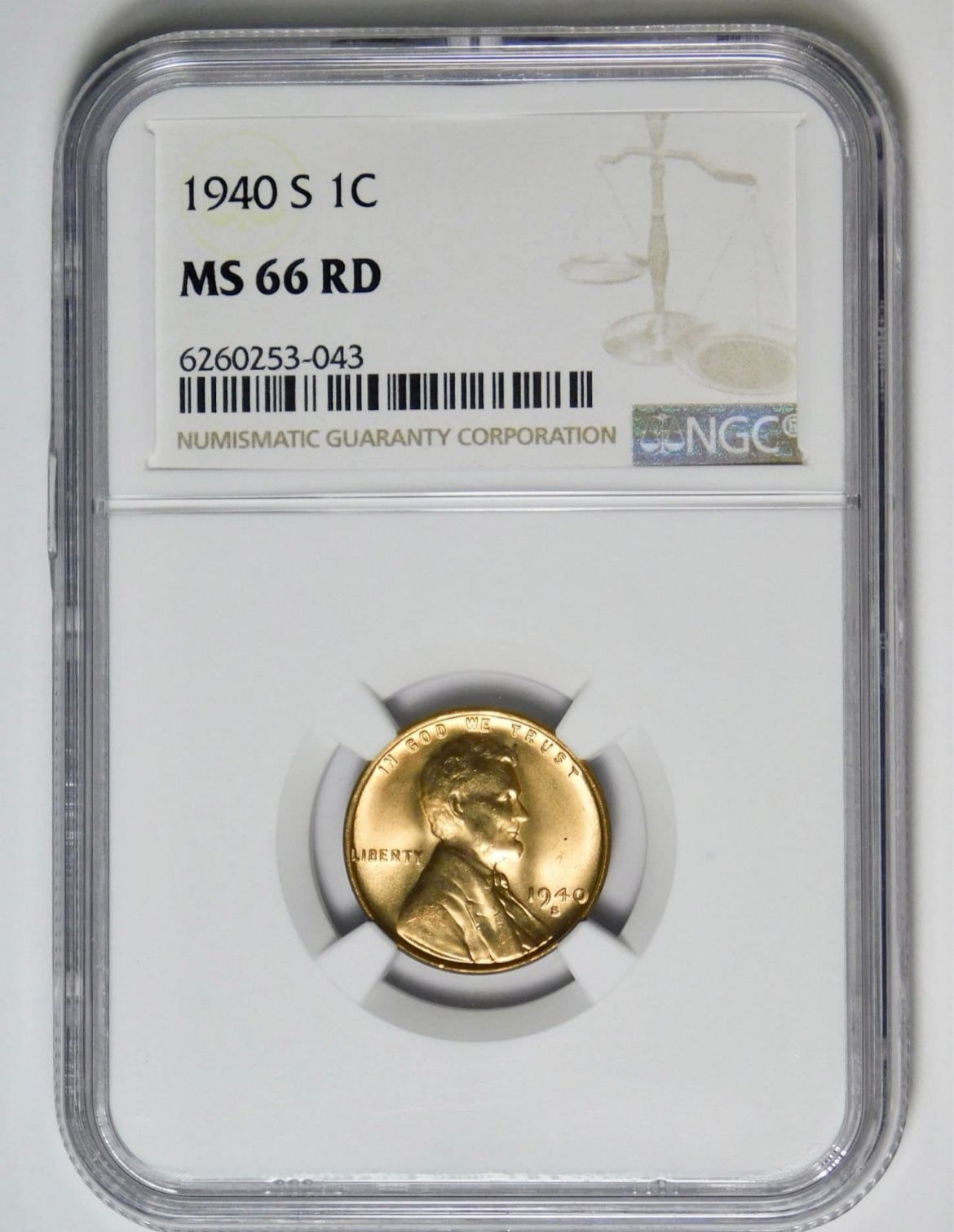 1940 S Lincoln Cent Good Grade! NGC Mint State 66 RD