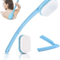 Back Brush, 2 in 1 Bath Brush Foldable Long Handle for Shower,Brush Back Scrubber Body Brush with Hard and Soft Bristles (2 Pack), Blue