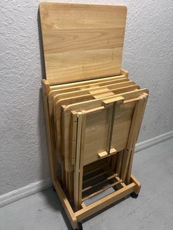 Wood Folding TV Tray Tables with Rolling Stand