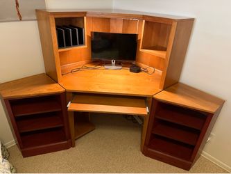 Corner Desk, Chair, Side Shelves
