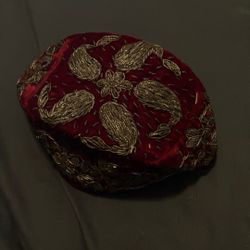 Antique 19th Century Indian Zardozi Embroidered Red Velvet Prayer Cap Topi Taqiyah Nawabi Muslim Hat Bullion Work