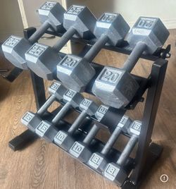 In NEW Condition Set Of Cast Iron Hex Dumbbells 8s, 10s, 15s 20s  And  25s. Total: 156 lbs [ RACK NOT INCLUDED]