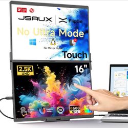 JSAUX FlipGo Touchscreen 16" Dual Portable Monitor, 2.5K Triple Laptop Touch IPS Screen Foldable Extender for Laptop[for Windows/Linux] One Cable