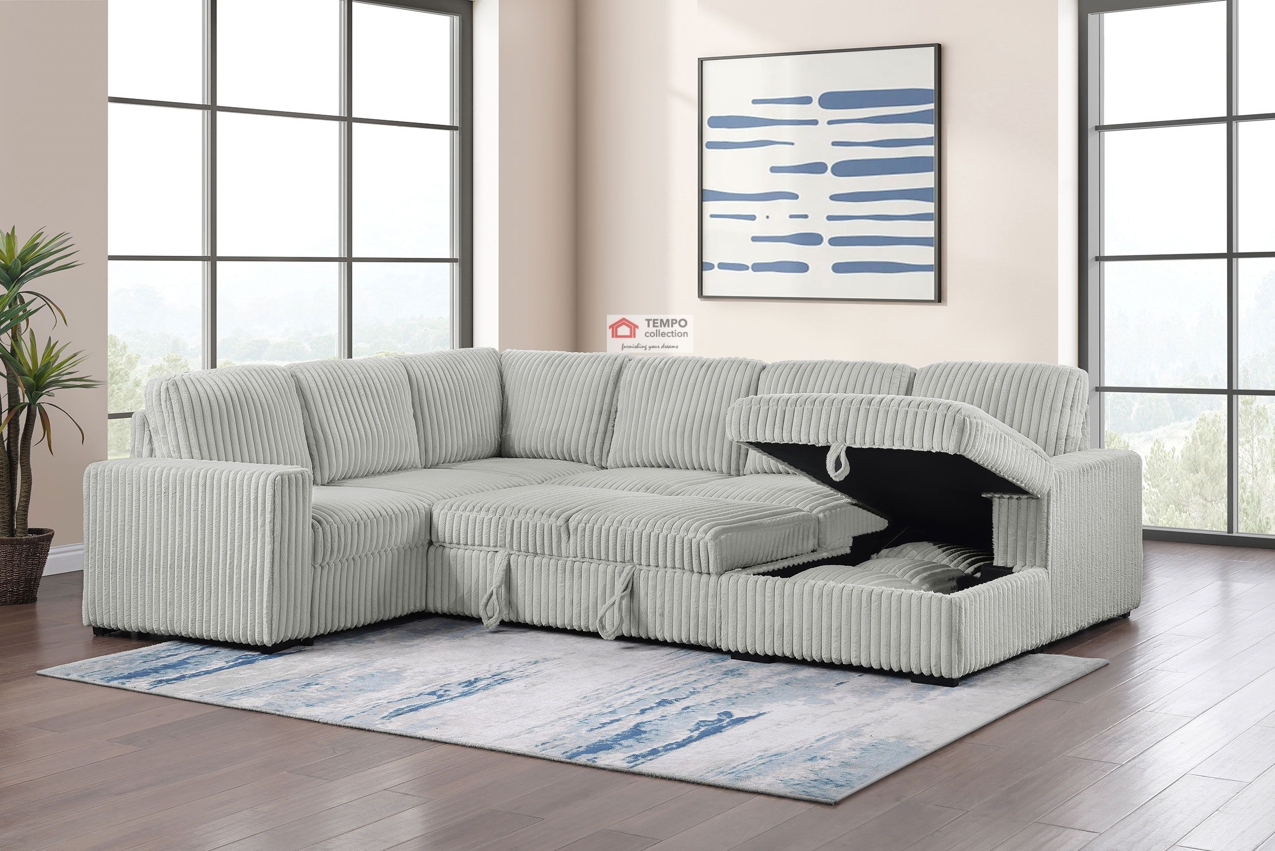 Sleeper Sectional Sofa Storage Chaise Grey Curduroy