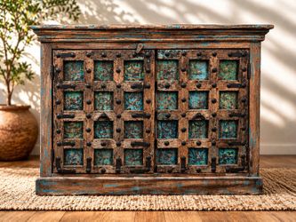 Imported Hand-Carved Wood Cabinet – Turquoise Patina | Entryway Console Table, Rustic Credenza, Buffet, Storage Cabinet