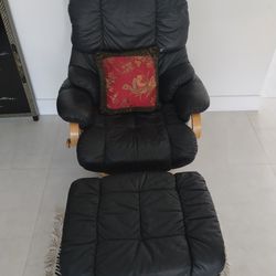 Reclining Swivel Black Leather Chair With Ottoman/Foot Rest 