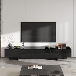 POVISON Full Assembled Mid-Century Modern TV Stand with Slatted Doors, Wood Media Console for 80 85+ Inch TV, TV Console with Tall-cast Metal Legs, En