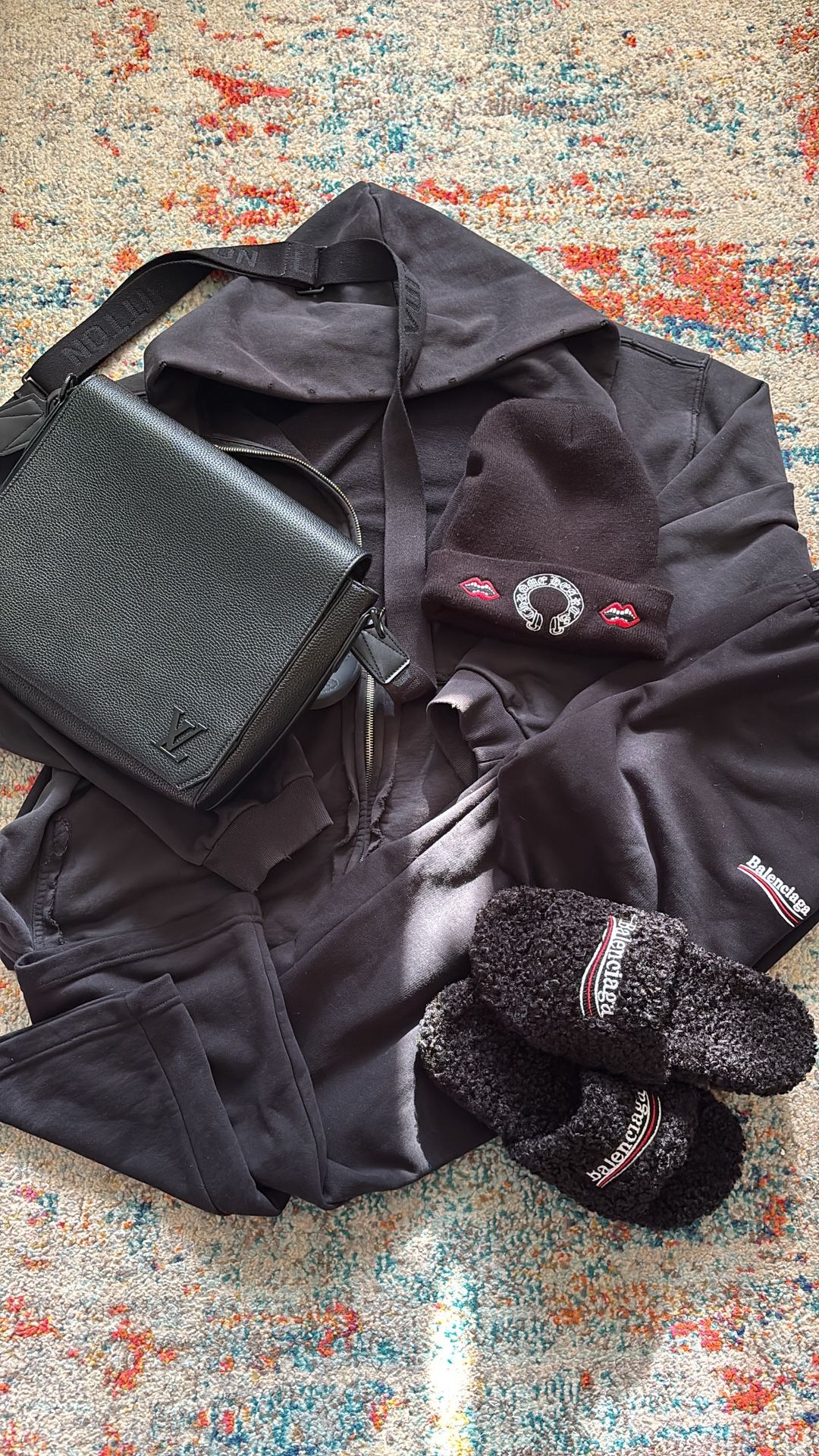 Balenciaga Slides, Political Campaign Sweatpants, Chrome Hearts Beanie, Lv Bag