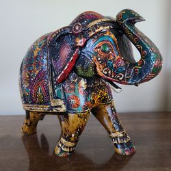 Decorative Indian-Style, Hand-painted Elephant  Figurine – with Trunk Up (5.5in)