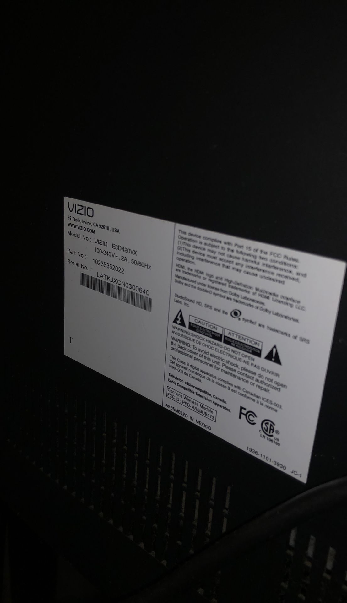 Vizio flat screen tv 40”