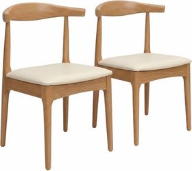 Solid Wood Dining Chairs Set of 2, Mid Century Modern Kitchen Chairs with Leather Upholstered Seat, Elegant Natural Wood Side Chairs for Dining Room, 