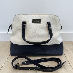 Kate Spade Grove Court Maise Satchel – White & Navy Pebbled Leather, Light Gold Hardware