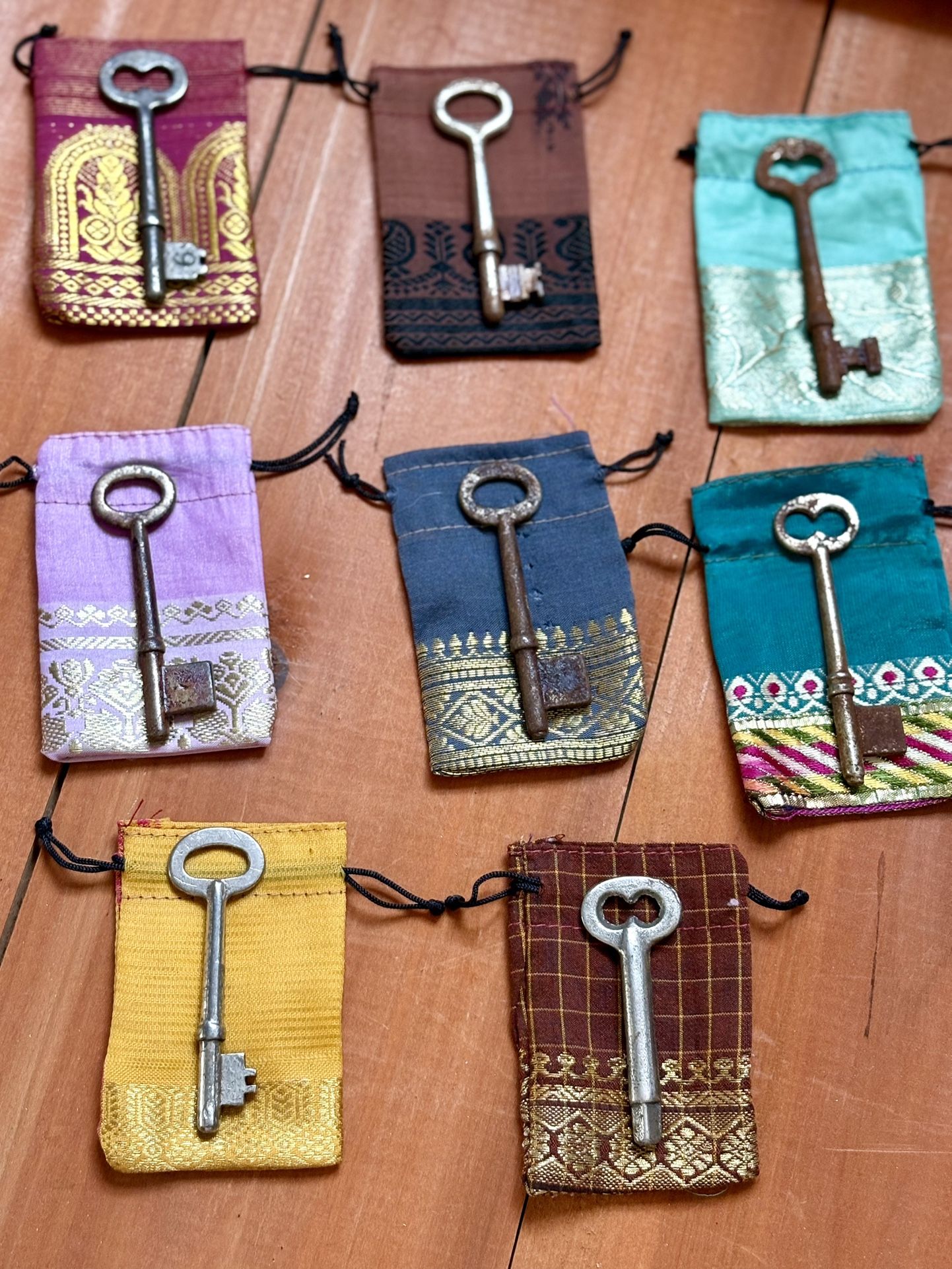 Antique Skeleton Rustic Key Recycled Silk Ritual Pouch Vintage Goth Talisman