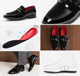Men's Classic Fashionable Pointed Toe Patent Leather Penny Loafers - Black Office Business Dress Slip-Ons, Easy On & Off Hands-Free Slip-Ins, Removabl