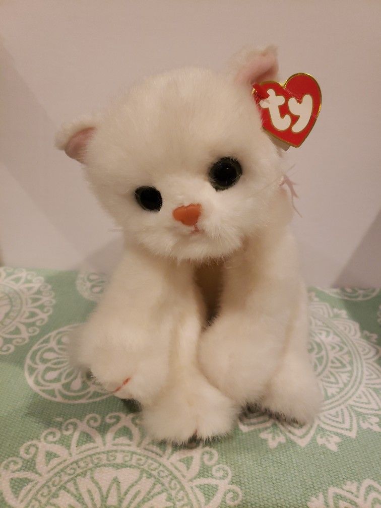Vintage Ty Classic Crystal White Cat Beanie Buddies 10” Plush Green Eyes 1996  A2