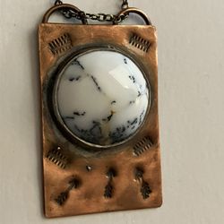 Hammered Copper w/ Howlite Crystal Artisan Engraved Pendant Necklace - Southwest Jewelry