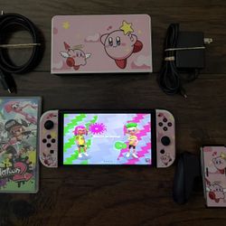 Nintendo Switch OLED All White Kirby Skin Plus Splatoon 2 