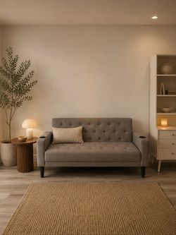 Gray Tufted Loveseat with Cup Holders