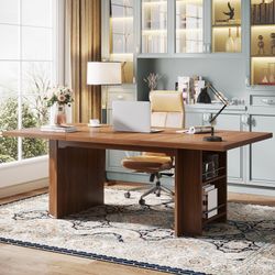 63" Executive Desk, Large Wood Computer Writing Table with Storage Shelves