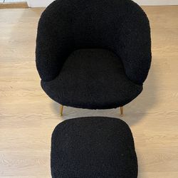 Modern Black Bouclé Accent Chair w/ Ottoman 